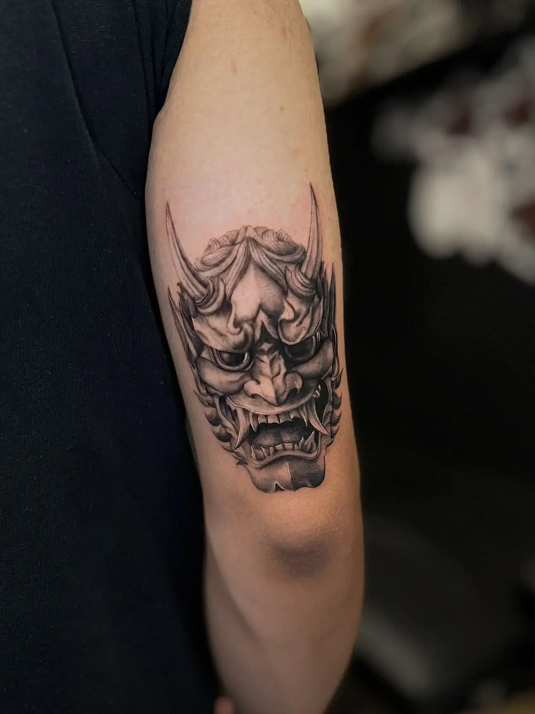 Hannya mask small realistic tattoo by oleg.r.tattoo