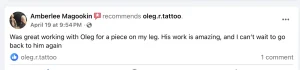 Client review about a dark realism tattoo by leg.r.tattoo Calgary 2