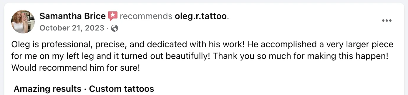 Client review about a dark realism tattoo by leg.r.tattoo Calgary 4