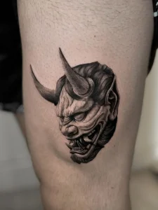 Japanese Oni mask dark realism by oleg.r.tattoo Calgary