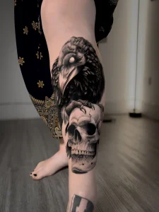 Raven and skull dark realim tattoo in Calgary by oleg.r.tattoo