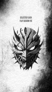 spiky_demon_mask_tattoo_flash_black_and_grey